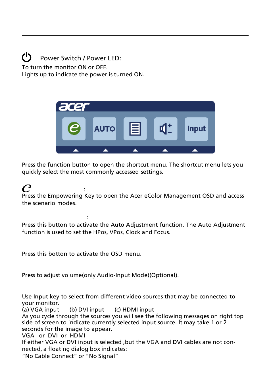 User controls, Using the shortcut menu | Acer G245HQL User Manual | Page 14 / 23