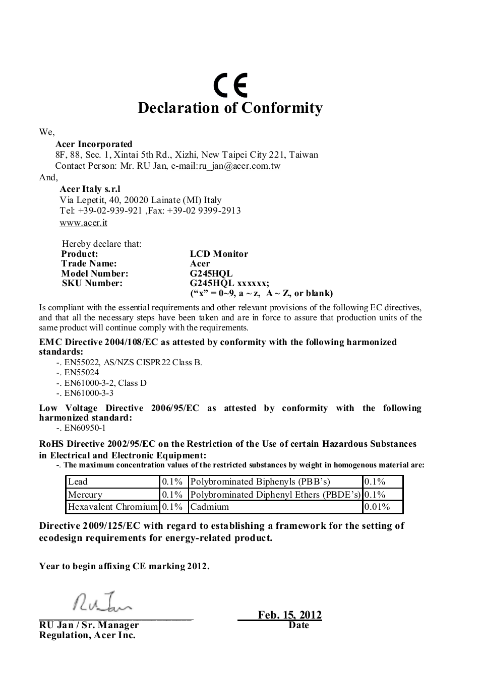 Declaration of conformity | Acer G245HQL User Manual | Page 22 / 23
