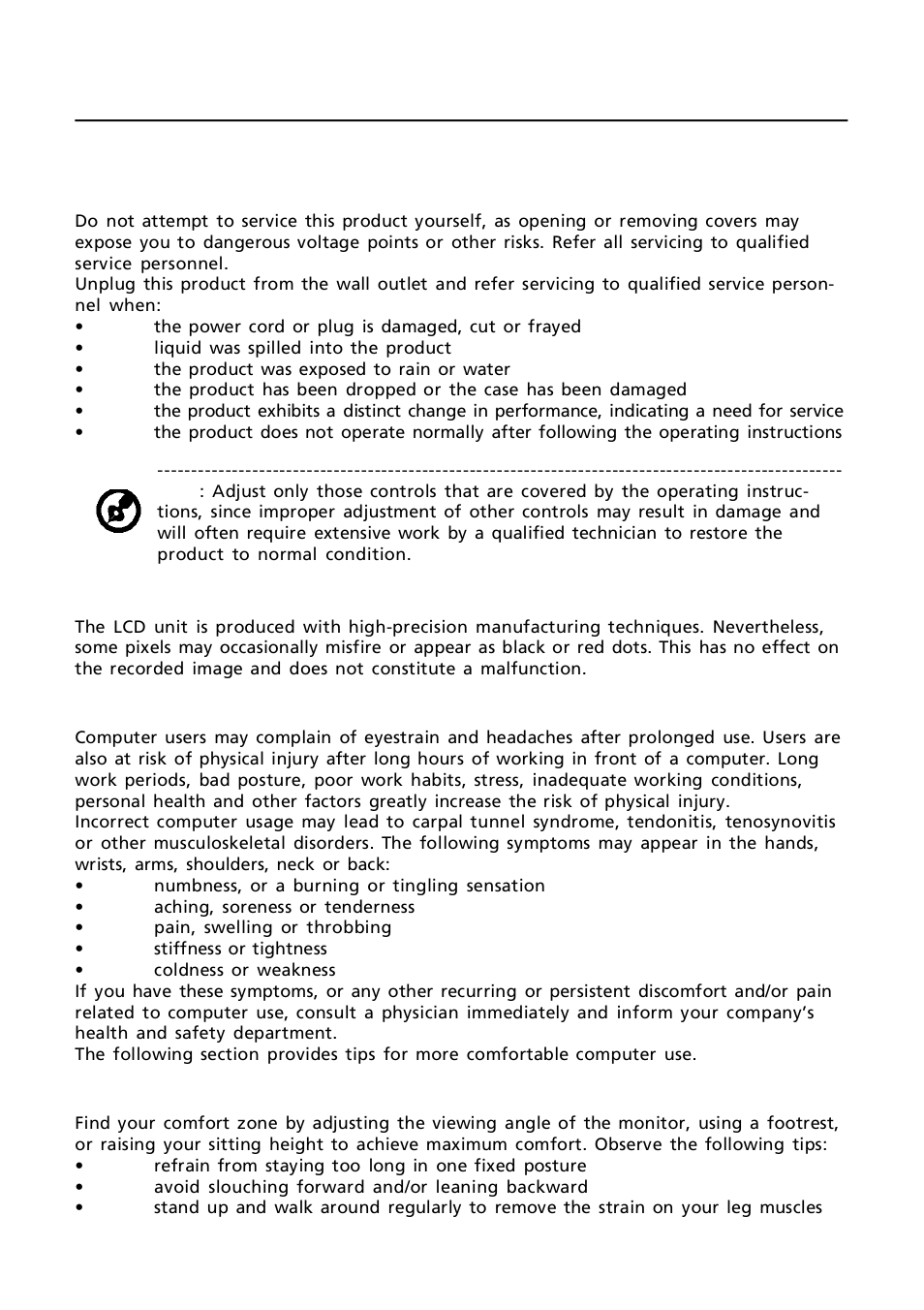 En-3 product servicing, Lcd pixel statement, Tips and information for comfortable use | Finding your comfort zone | Acer G245HQL User Manual | Page 4 / 23