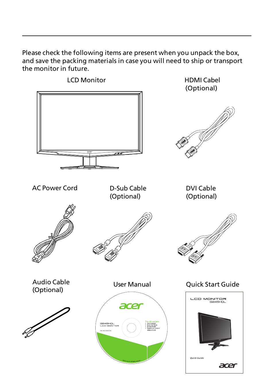 Unpacking | Acer G245HQL User Manual | Page 6 / 23