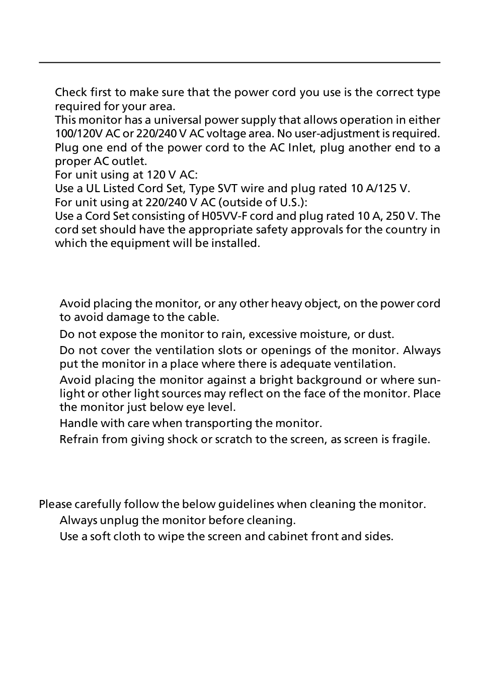 Connecting the power cord, Safety precaution, Cleaning your monitor | Acer G245HQL User Manual | Page 8 / 23