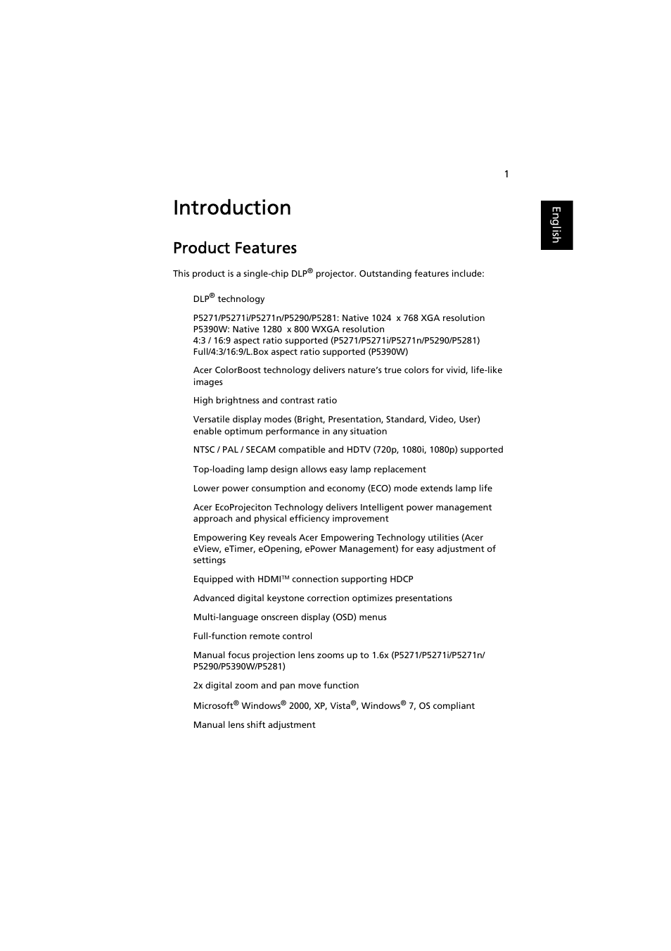 Introduction, Product features | Acer P5271i User Manual | Page 11 / 69
