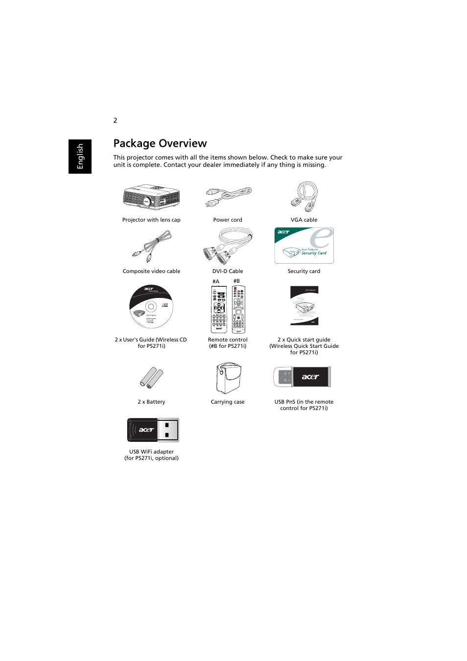 Package overview | Acer P5271i User Manual | Page 12 / 69