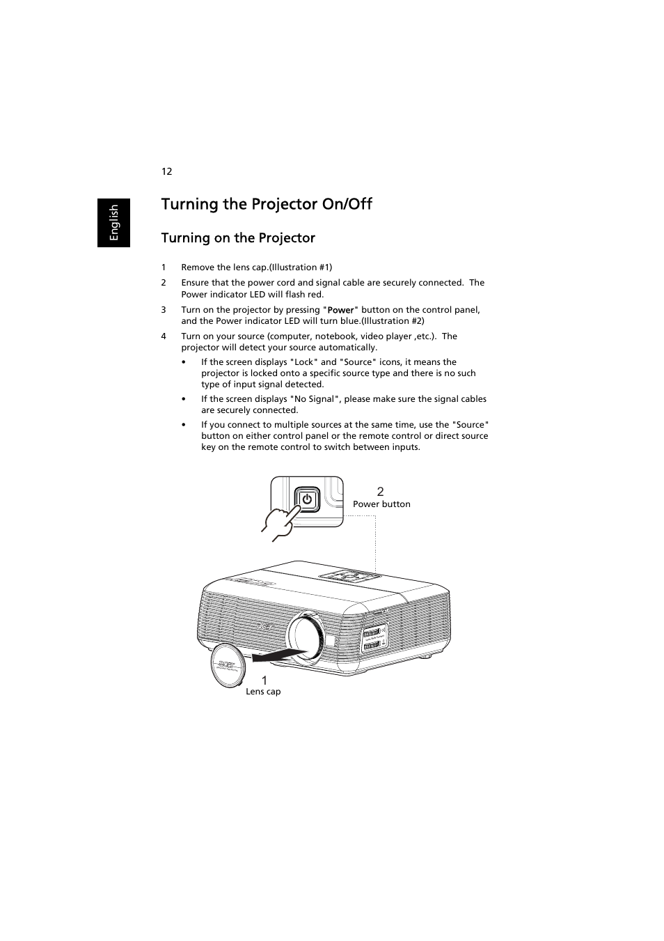 Turning the projector on/off, Turning on the projector | Acer P5271i User Manual | Page 22 / 69