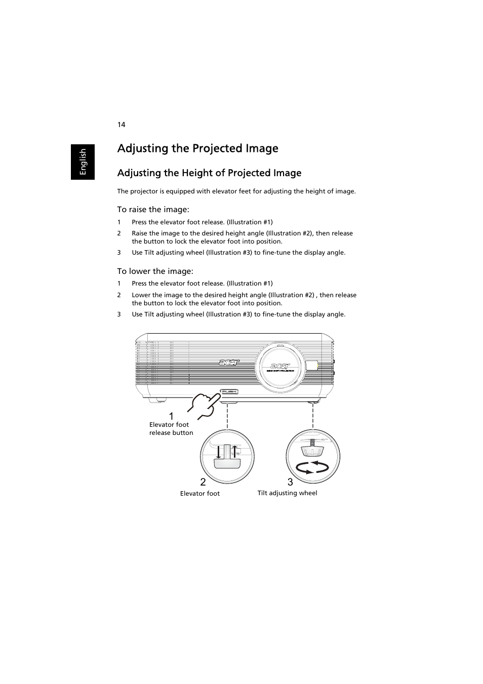 Adjusting the projected image, Adjusting the height of projected image | Acer P5271i User Manual | Page 24 / 69