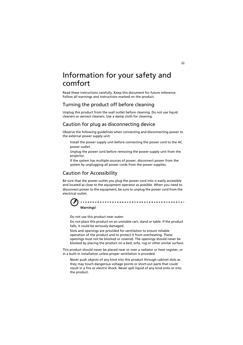 Information for your safety and comfort, Turning the product off before cleaning, Caution for plug as disconnecting device | Caution for accessibility | Acer P5271i User Manual | Page 3 / 69
