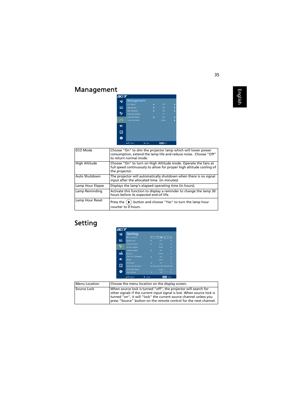 Management, Setting, Management setting | Acer P5271i User Manual | Page 45 / 69