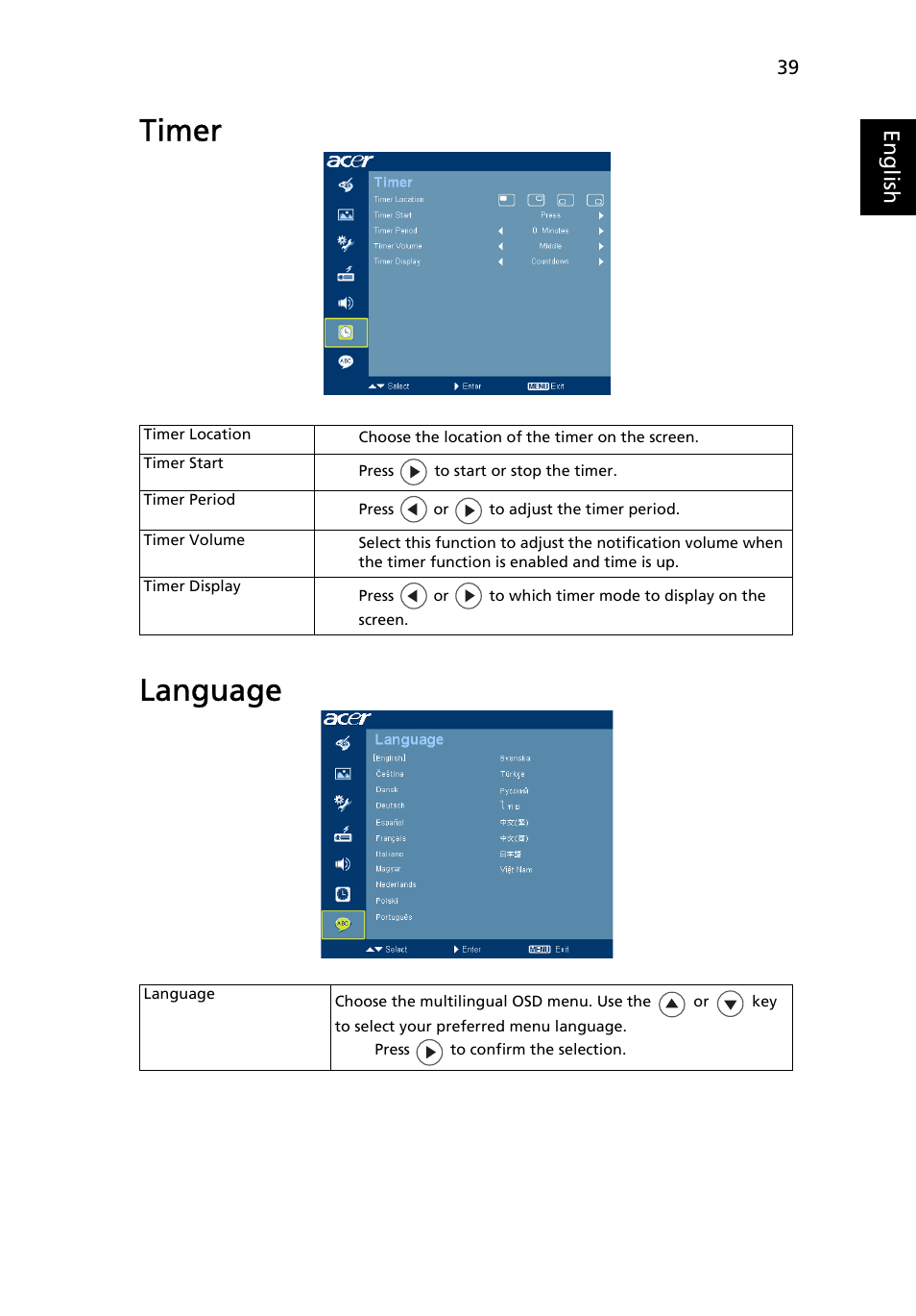 Timer, Language, Timer language | Acer P5271i User Manual | Page 49 / 69