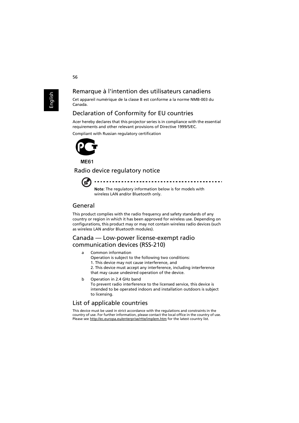 Remarque à l'intention des utilisateurs canadiens, Declaration of conformity for eu countries, Radio device regulatory notice | General, List of applicable countries | Acer P5271i User Manual | Page 66 / 69