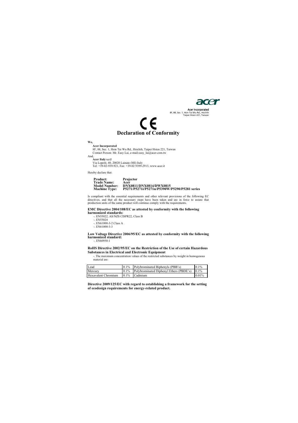 Declaration of conformity | Acer P5271i User Manual | Page 67 / 69