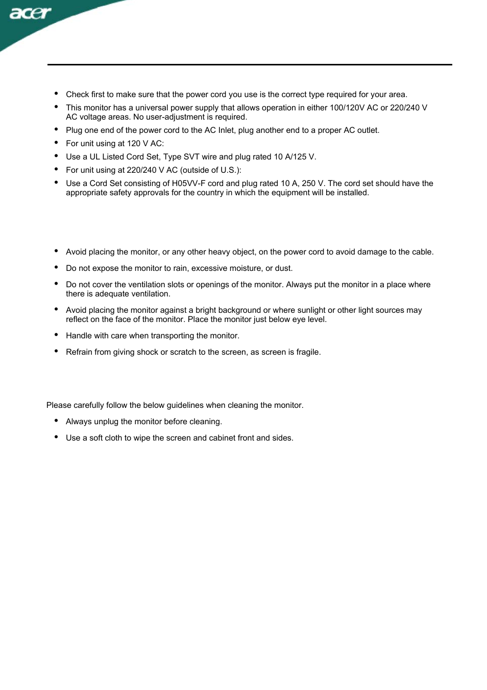 Connecting the power cord | Acer T230H User Manual | Page 10 / 23