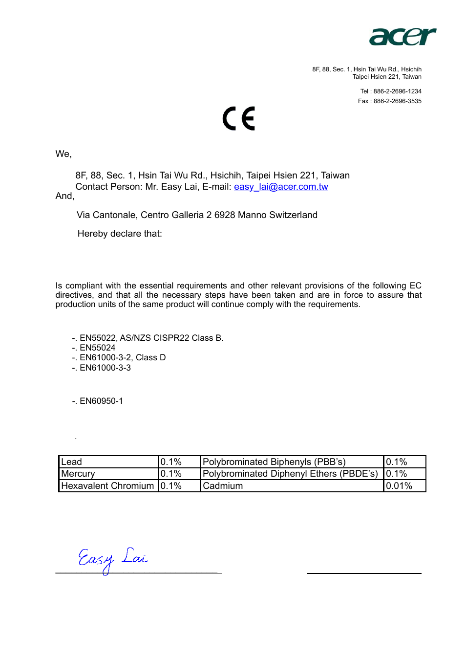 Declaration of conformity | Acer T230H User Manual | Page 22 / 23