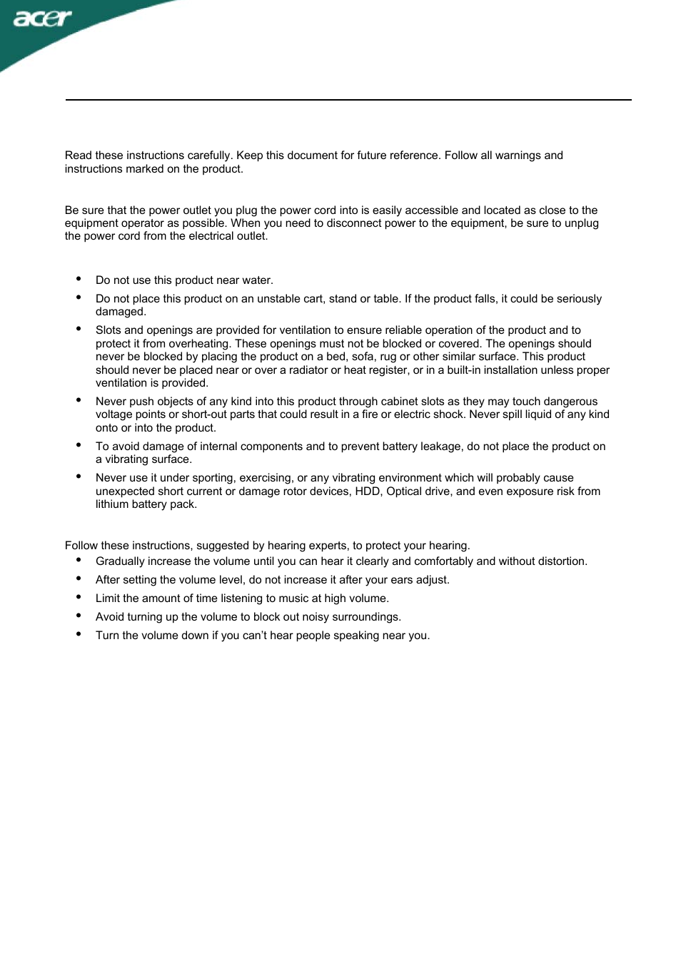 Information for your safety and comfort | Acer T230H User Manual | Page 3 / 23