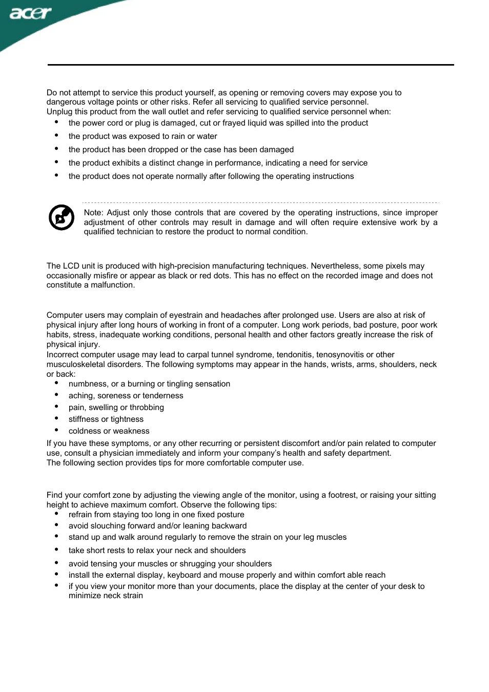 T230h, Product servicing, Lcd pixel statement | Tips and information for comfortable use, Finding your comfort zone | Acer T230H User Manual | Page 4 / 23