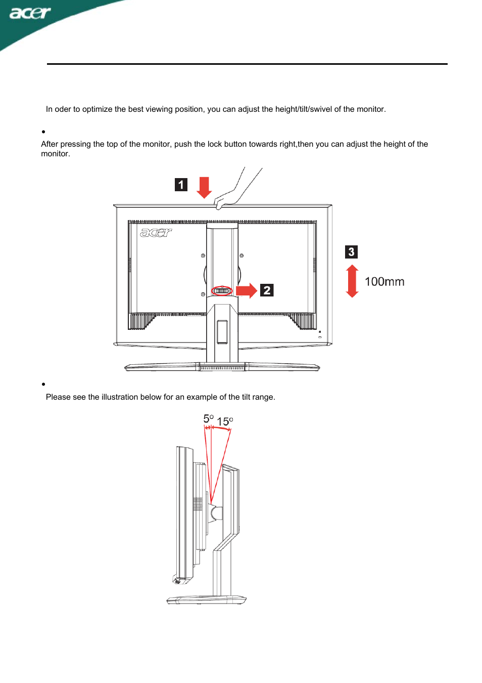 Screen position adjustment | Acer T230H User Manual | Page 8 / 23