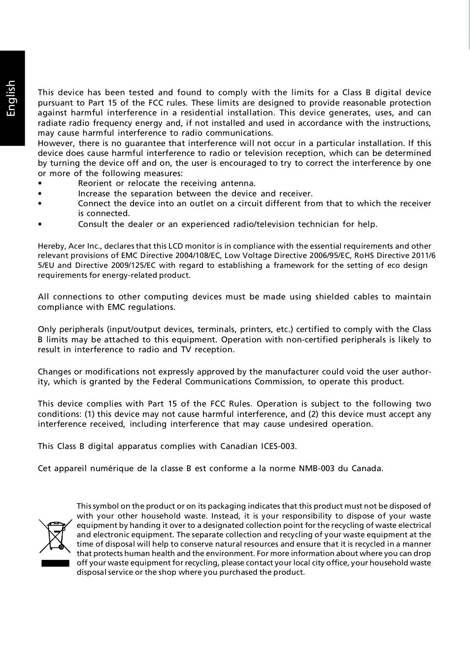 Safety instructions, Troubleshooting tips, Connecting your monitor to a computer | Regulations and safety notices, En g lis h, No power - the monitor’s power indicator is off, Operation detail, Fcc notice, Ce declaration of conformity, Notice: shielded cables | Acer FT200HQL User Manual | Page 2 / 2