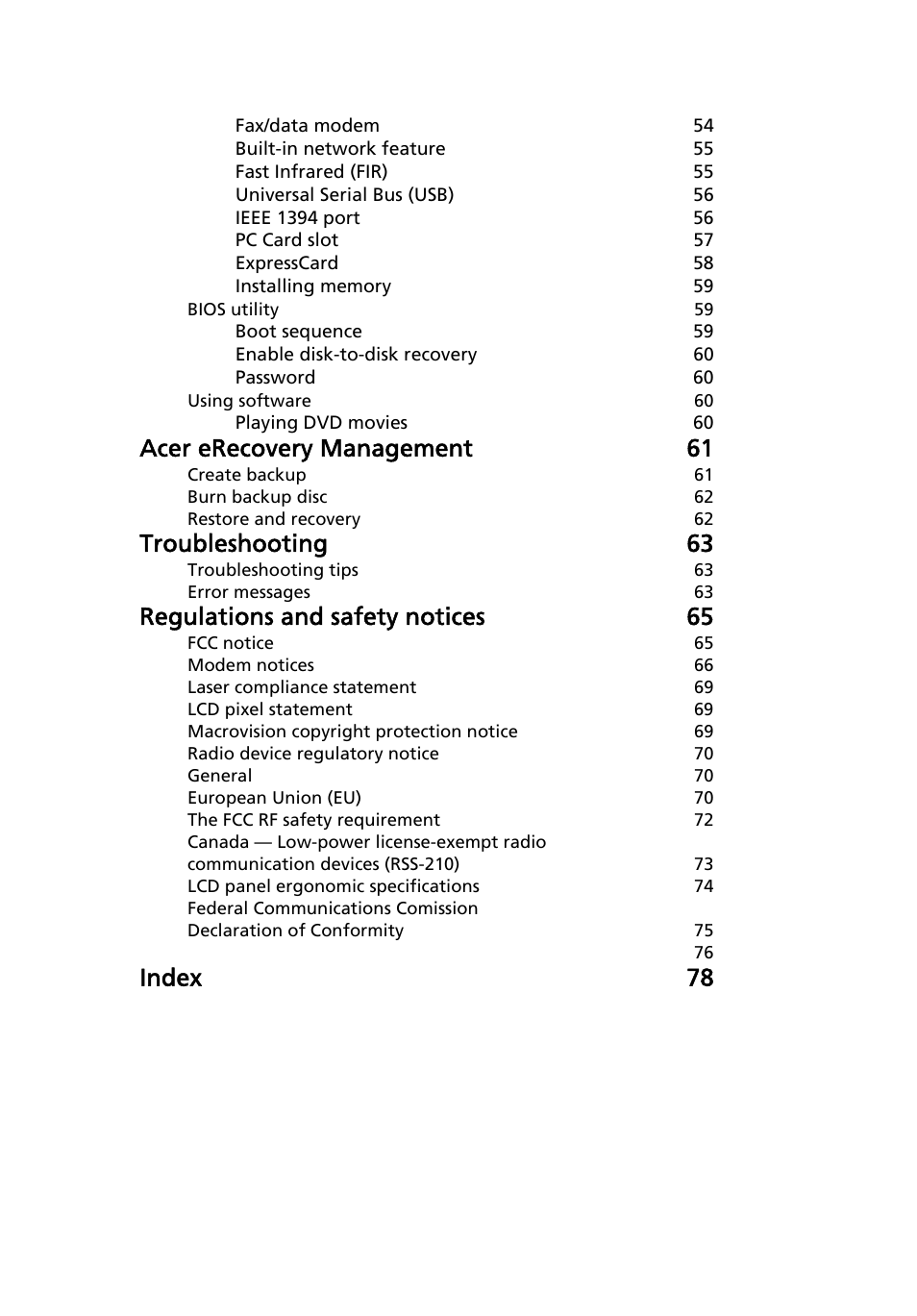 Acer erecovery management 61, Troubleshooting 63, Regulations and safety notices 65 | Index 78 | Acer Extensa 5610 User Manual | Page 17 / 96