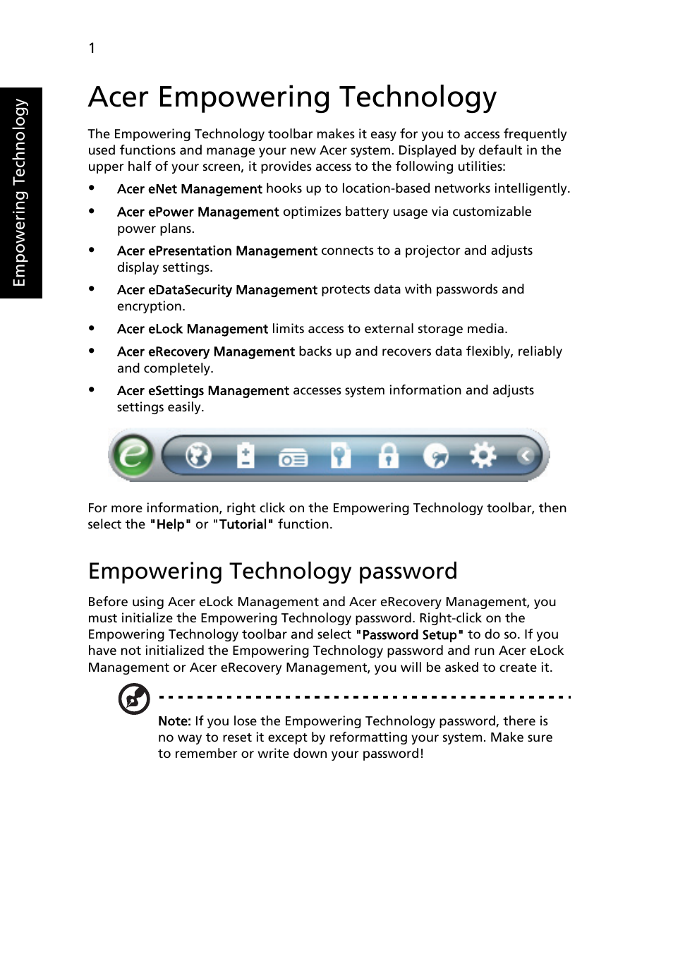 Acer empowering technology, Empowering technology password | Acer Extensa 5610 User Manual | Page 18 / 96