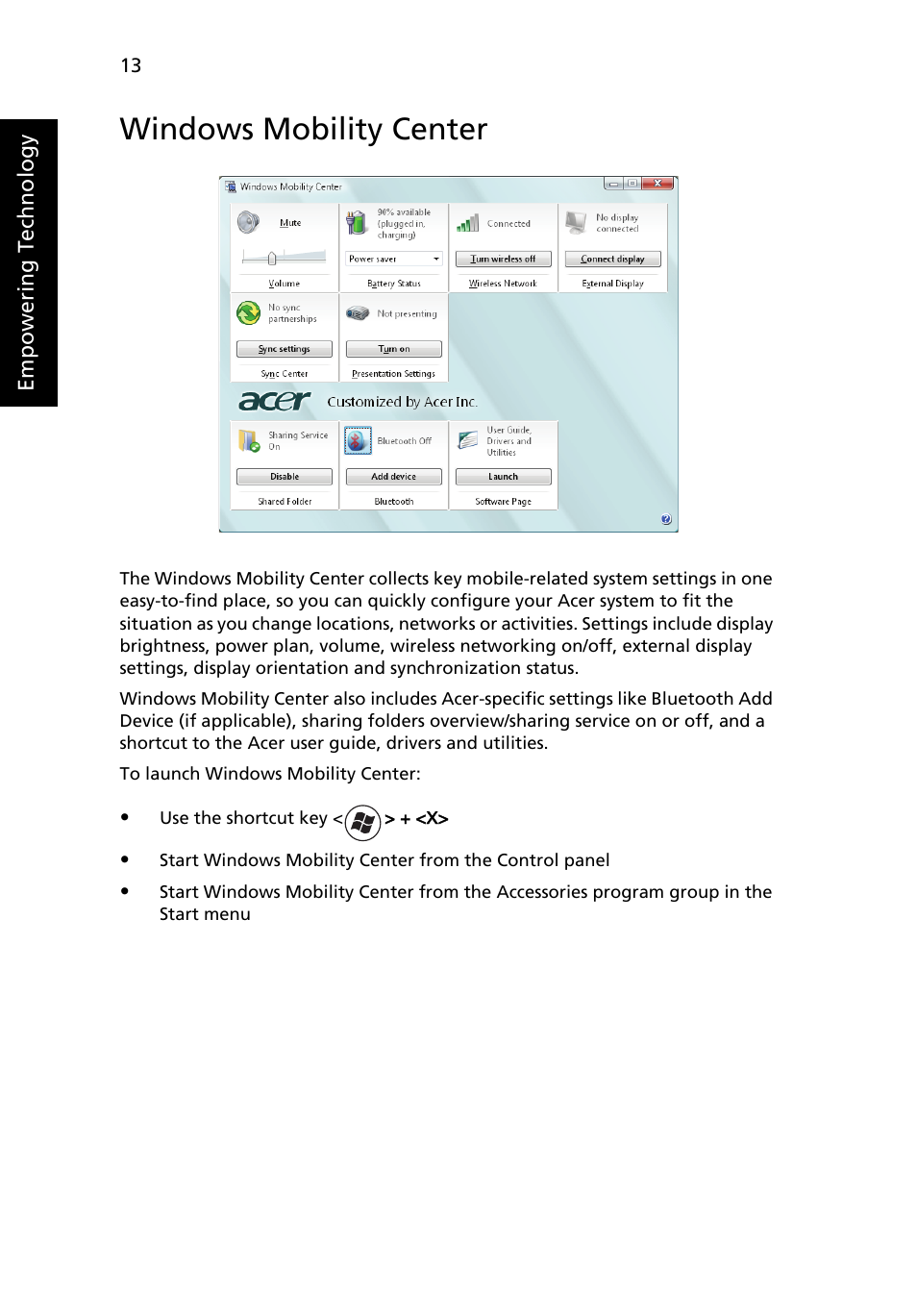 Windows mobility center | Acer Extensa 5610 User Manual | Page 30 / 96