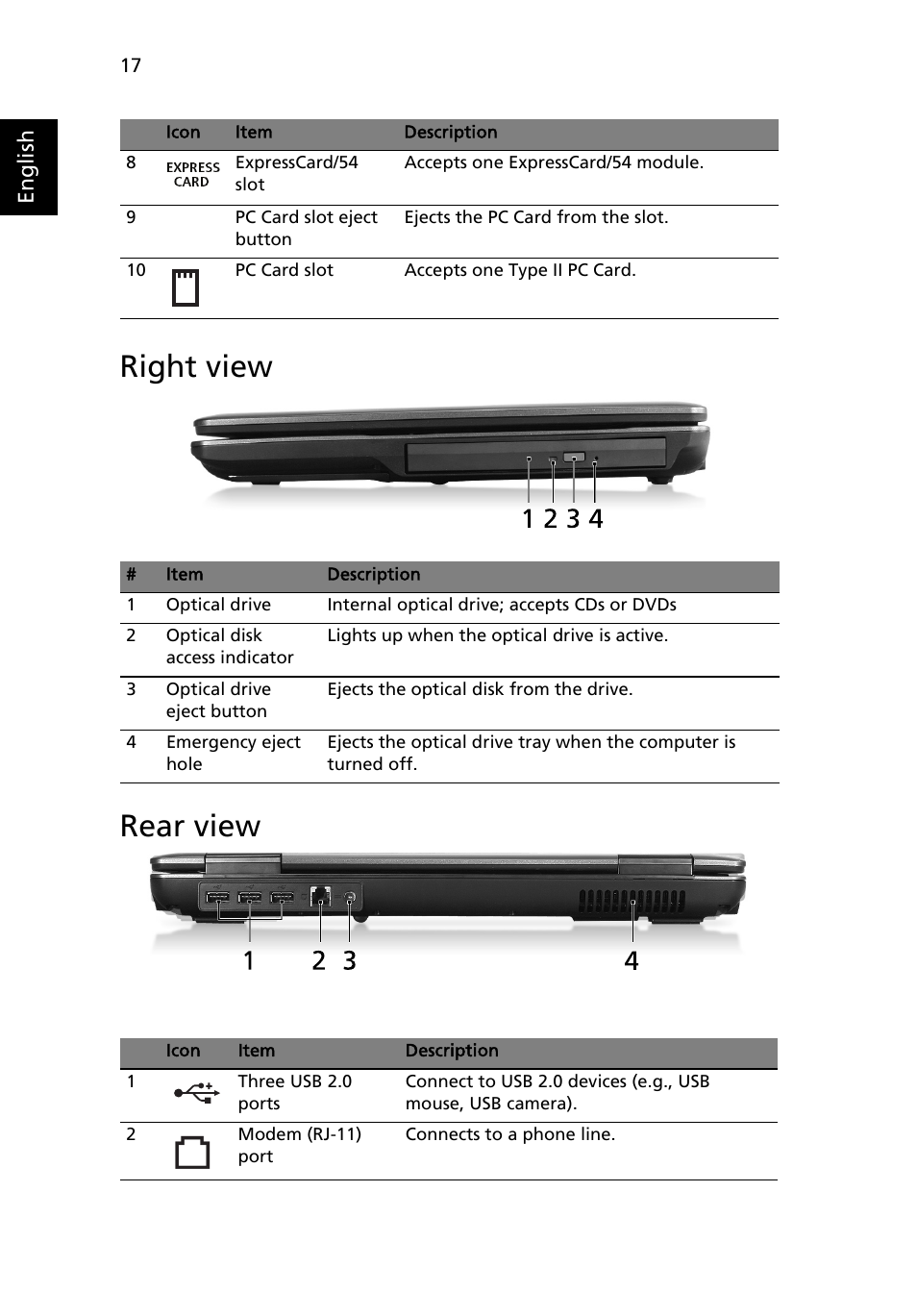 Right view, Rear view, Right view rear view | Acer Extensa 5610 User Manual | Page 34 / 96