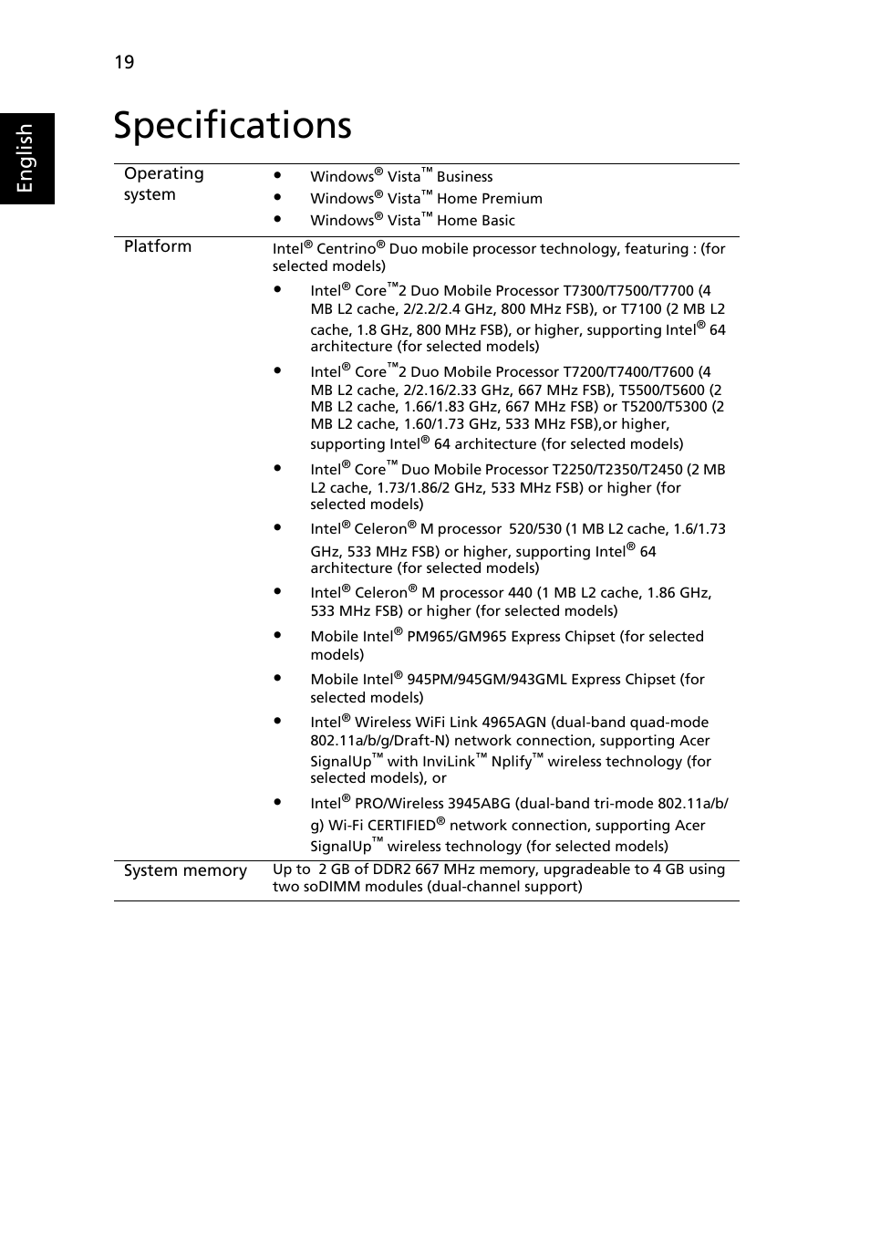 Specifications, English | Acer Extensa 5610 User Manual | Page 36 / 96