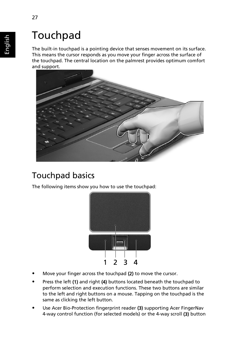 Touchpad, Touchpad basics | Acer Extensa 5610 User Manual | Page 44 / 96