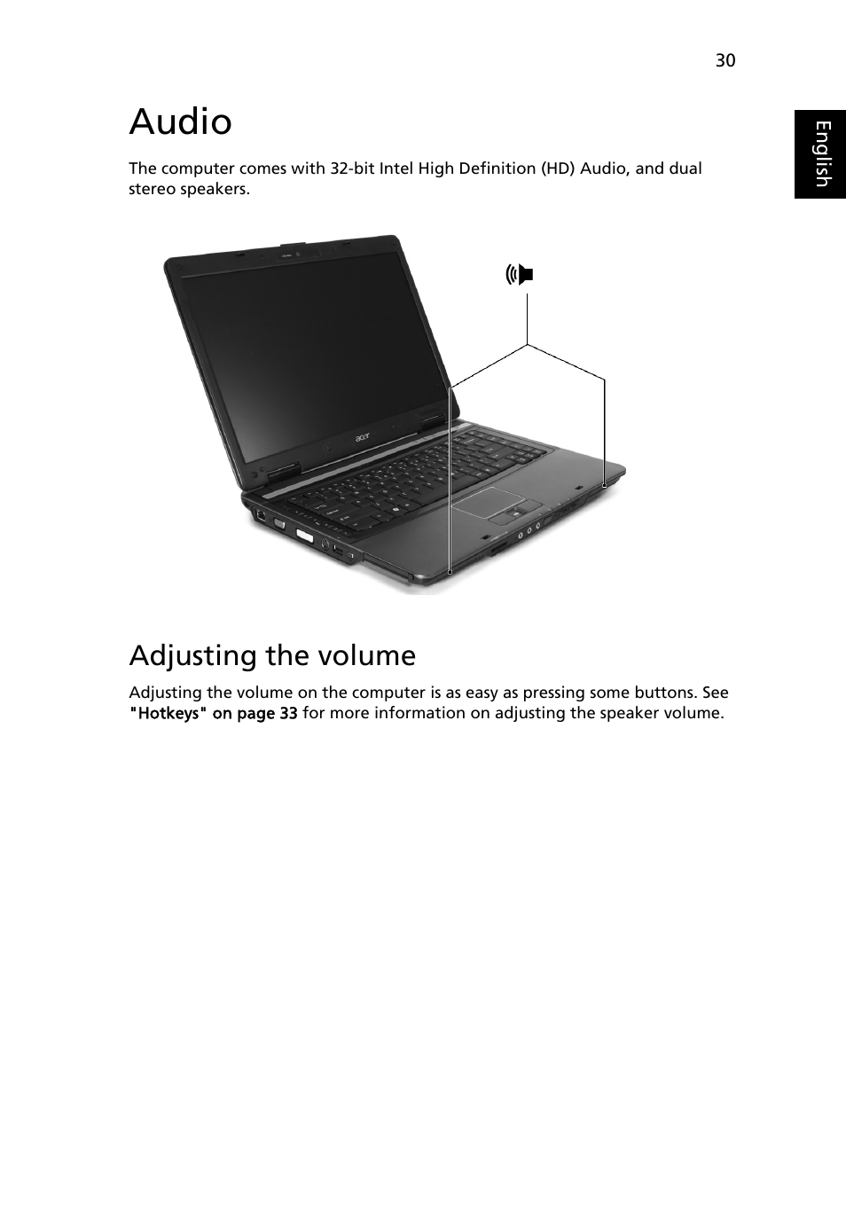 Audio, Adjusting the volume | Acer Extensa 5610 User Manual | Page 47 / 96