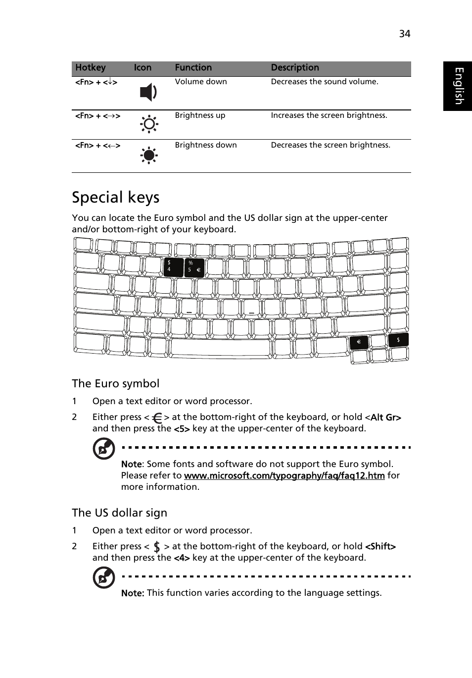 Special keys, Eng lis h, The euro symbol | The us dollar sign | Acer Extensa 5610 User Manual | Page 51 / 96