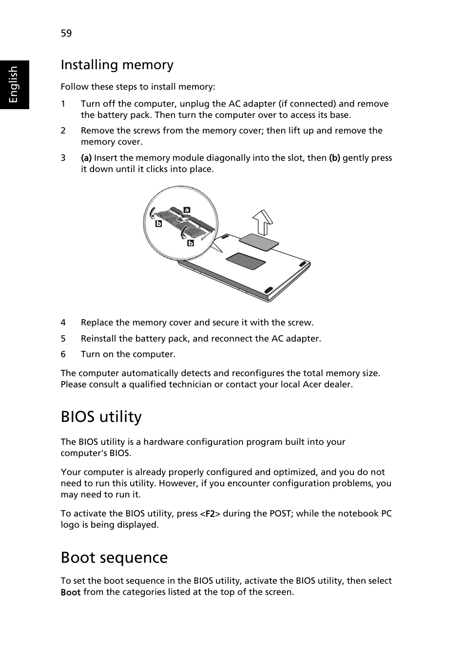 Bios utility, Installing memory, Boot sequence | Acer Extensa 5610 User Manual | Page 76 / 96