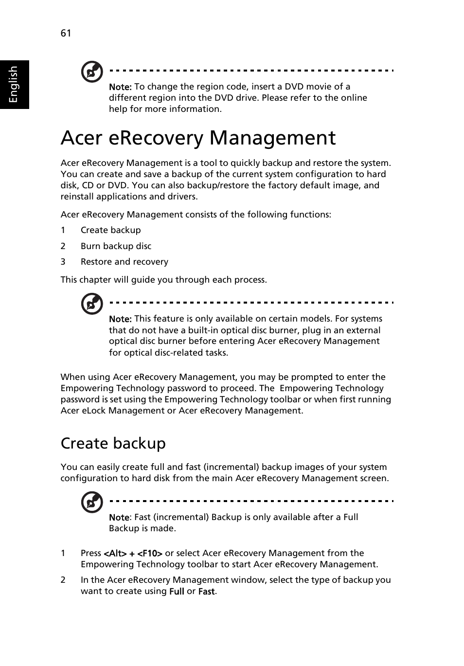 Acer erecovery management, Create backup | Acer Extensa 5610 User Manual | Page 78 / 96