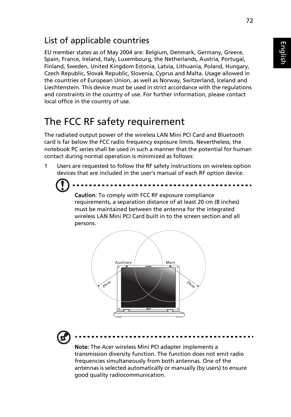 The fcc rf safety requirement, List of applicable countries | Acer Extensa 5610 User Manual | Page 89 / 96