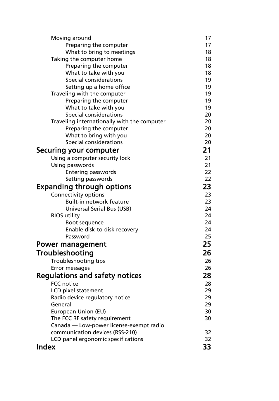 Securing your computer 21, Expanding through options 23, Power management 25 troubleshooting 26 | Regulations and safety notices 28, Index 33 | Acer AOD250 User Manual | Page 18 / 52