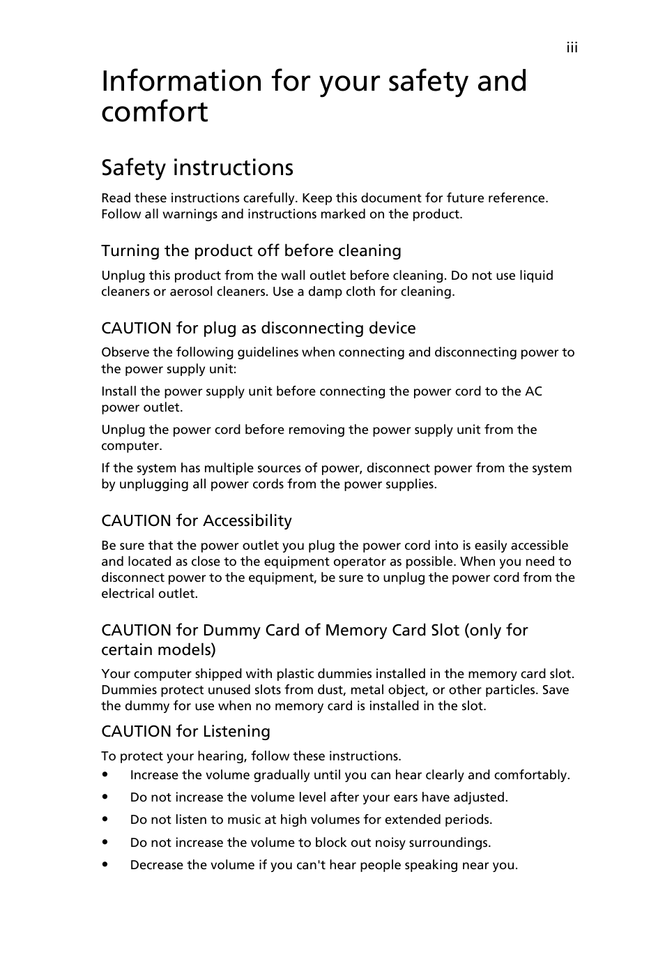 Information for your safety and comfort, Safety instructions | Acer AOD250 User Manual | Page 3 / 52