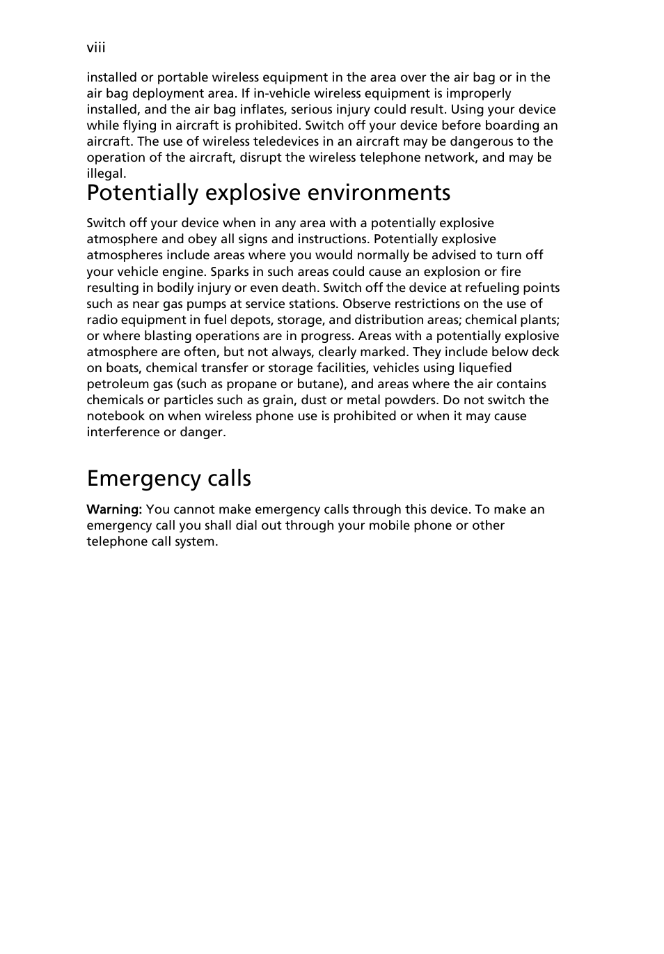 Potentially explosive environments, Emergency calls | Acer AOD250 User Manual | Page 8 / 52