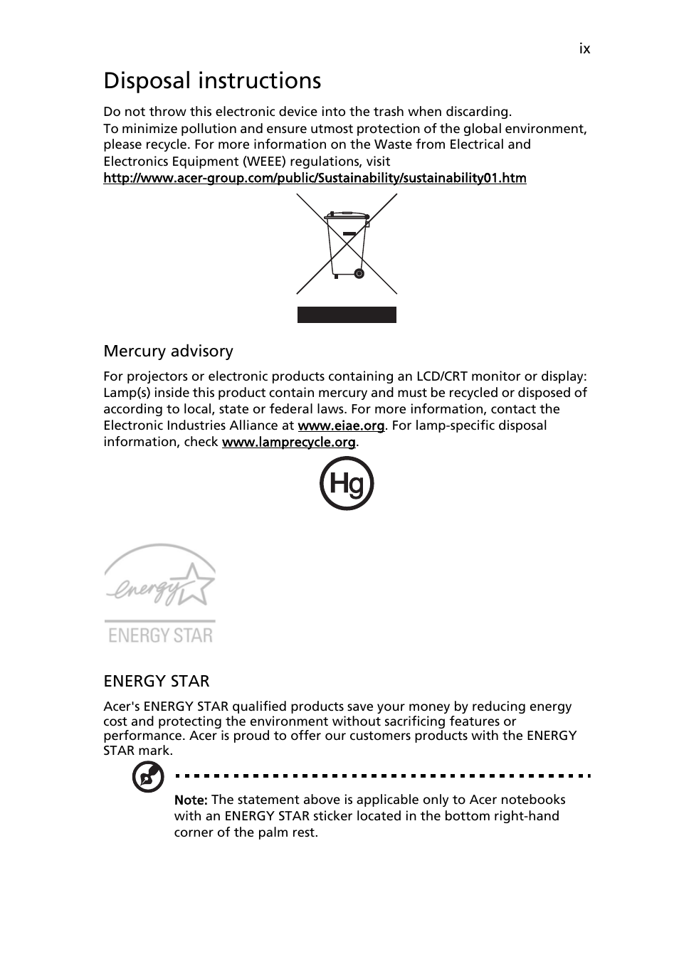 Disposal instructions | Acer AOD250 User Manual | Page 9 / 52