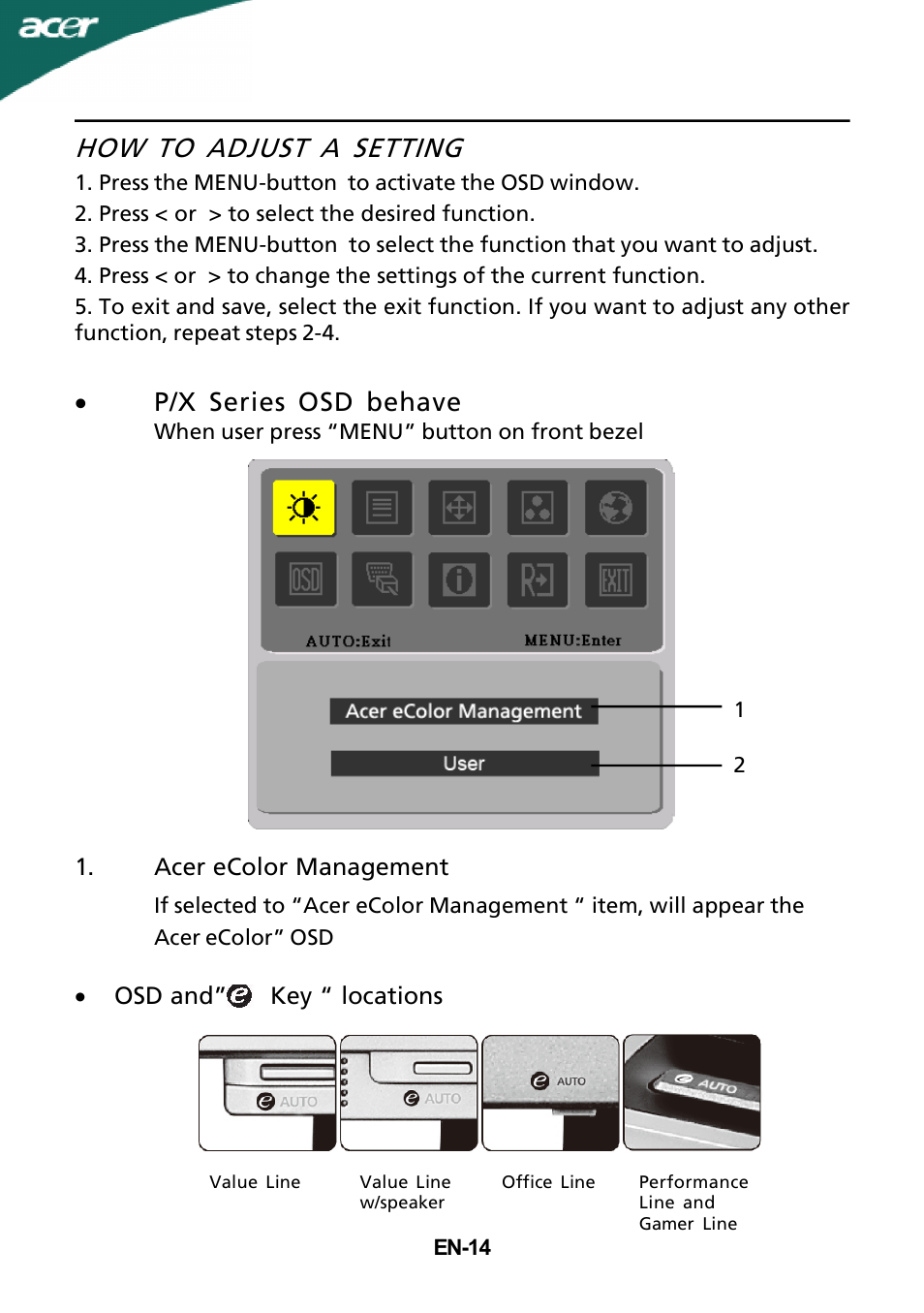 How to adjust a setting, P/x series osd behave | Acer X213H User Manual | Page 16 / 26