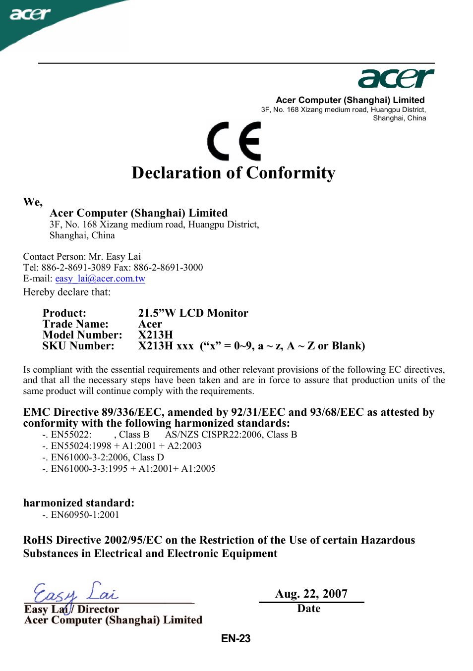 Declaration of conformity | Acer X213H User Manual | Page 25 / 26