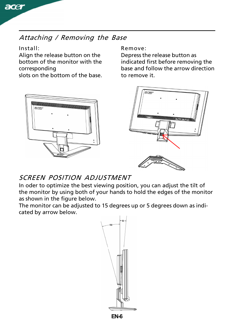 Attaching / removing the base, Screen position adjustment | Acer X213H User Manual | Page 8 / 26