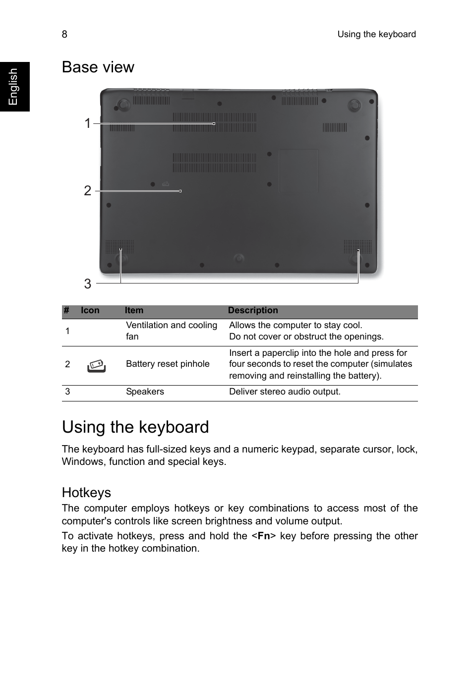 Base view, Using the keyboard, Hotkeys | Acer Aspire V7-581P User Manual | Page 8 / 9