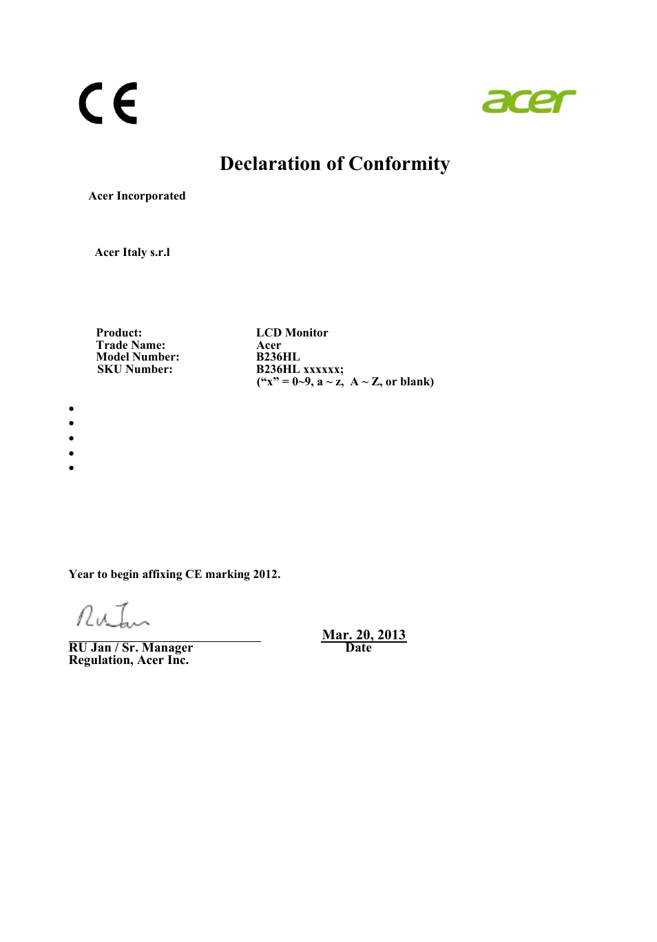 Declaration of conformity | Acer B236HL User Manual | Page 10 / 29