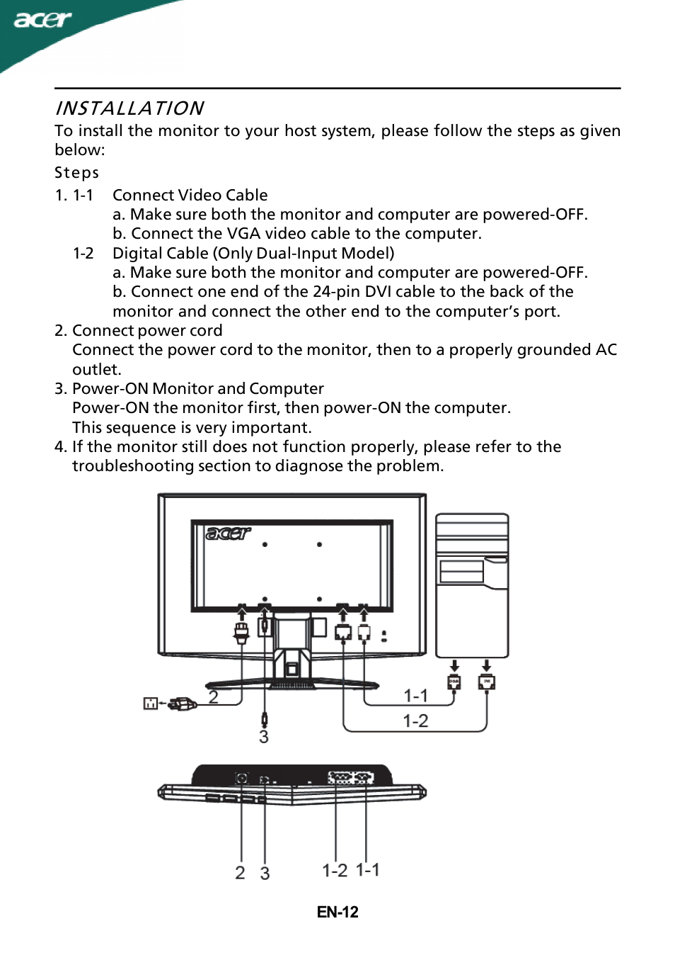 Installation | Acer X233HZ User Manual | Page 14 / 26