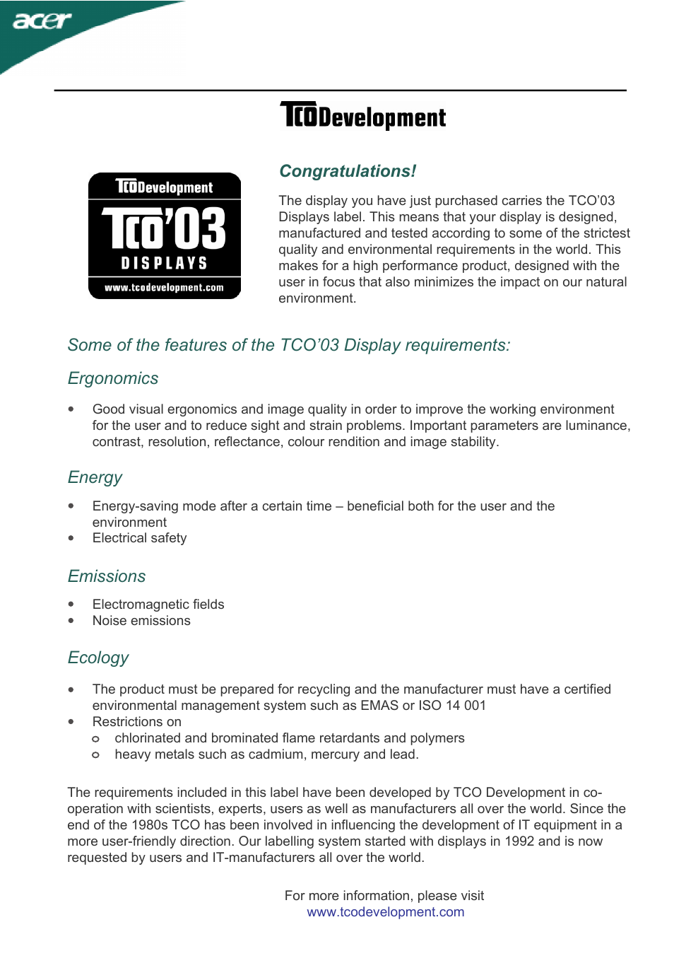 Emissions, Ergonomics energy, Ecology | Acer X233HZ User Manual | Page 2 / 26