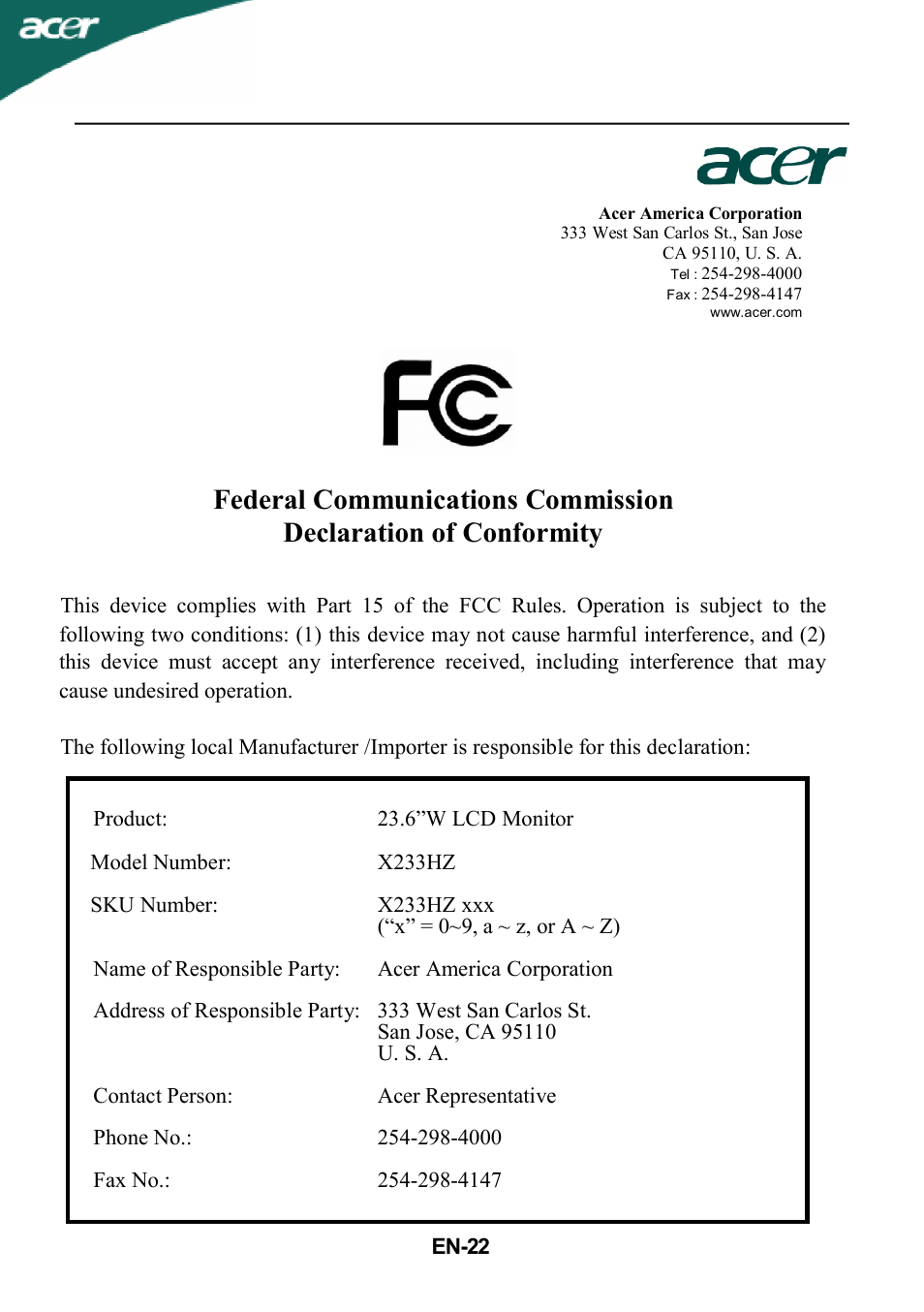 Acer X233HZ User Manual | Page 24 / 26