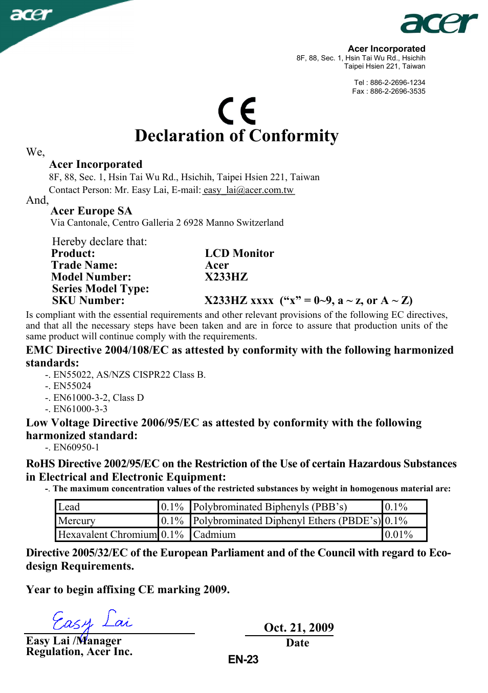 Declaration of conformity | Acer X233HZ User Manual | Page 25 / 26