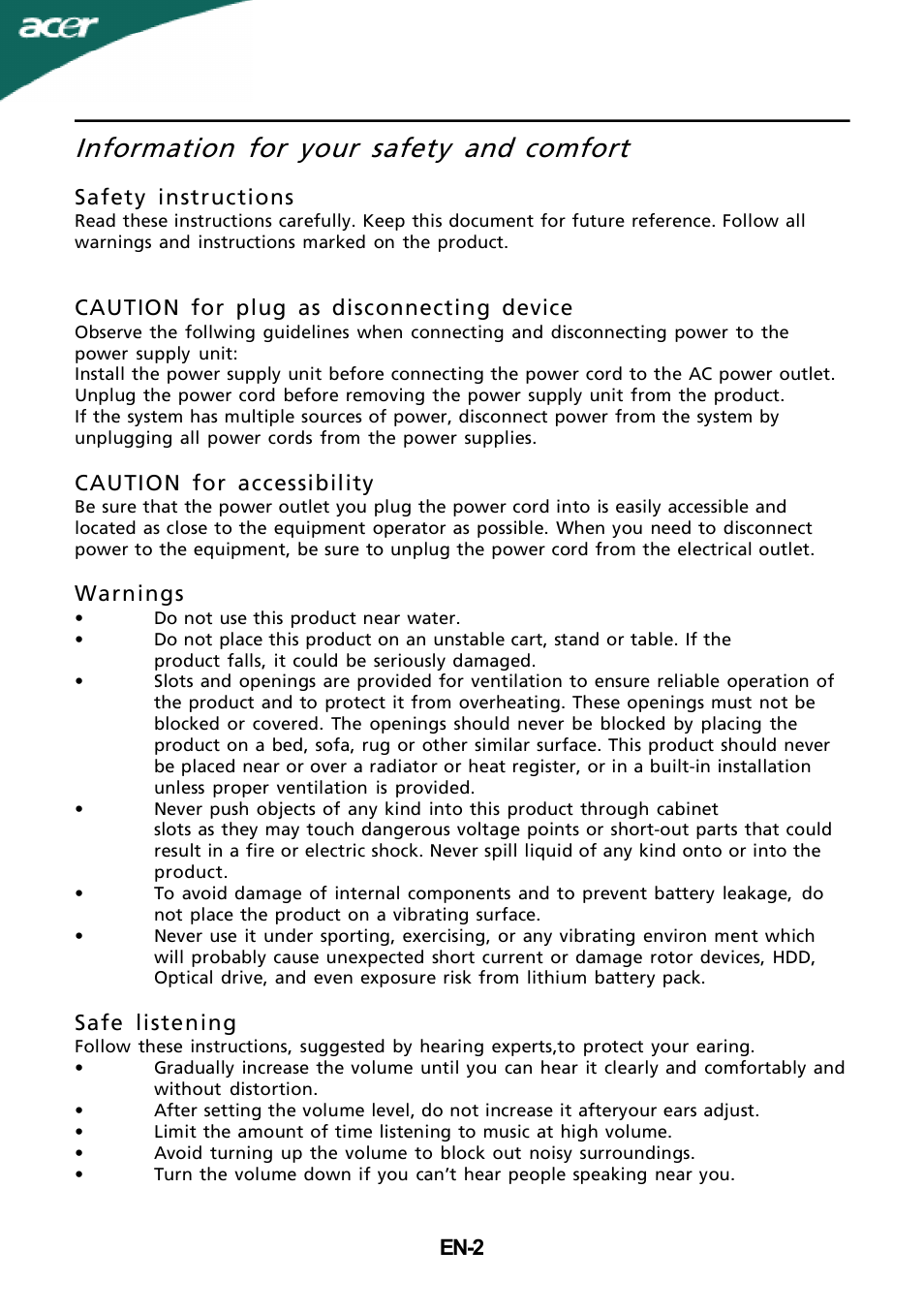 Information for your safety and, Comfort | Acer X233HZ User Manual | Page 4 / 26