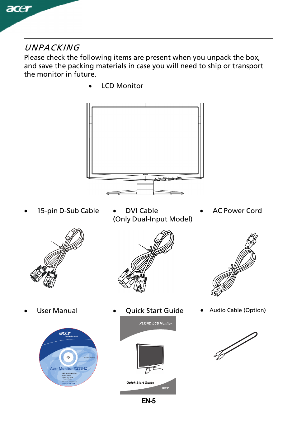 Unpacking | Acer X233HZ User Manual | Page 7 / 26