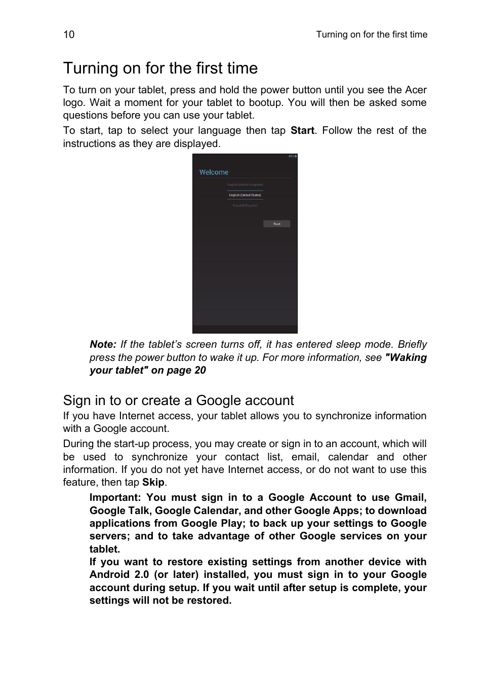 Turning on for the first time, Sign in to or create a google account | Acer B1-A71 User Manual | Page 10 / 51
