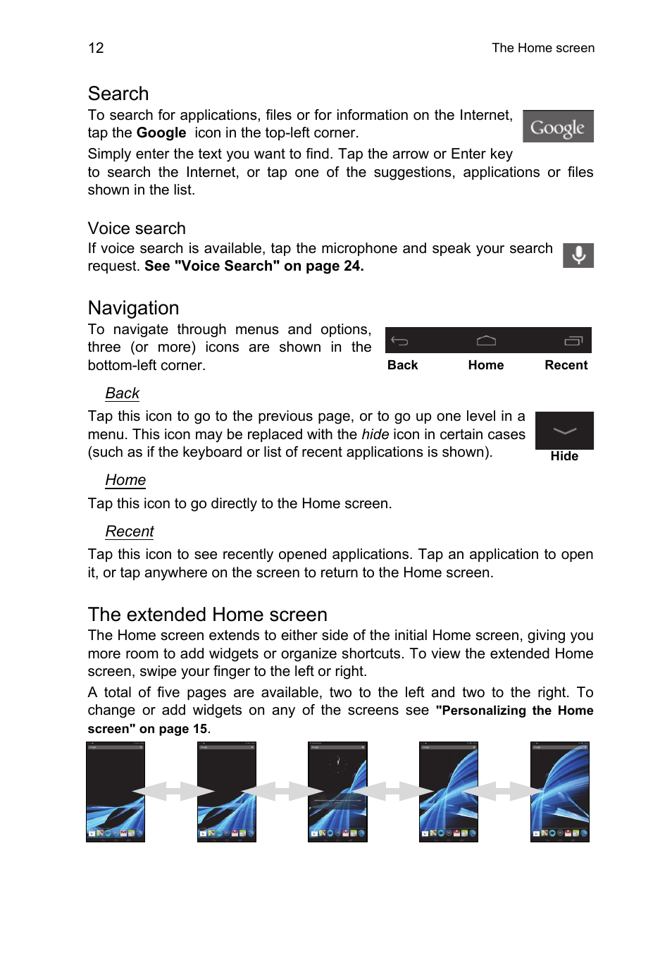 Search, Navigation, The extended home screen | Acer B1-A71 User Manual | Page 12 / 51