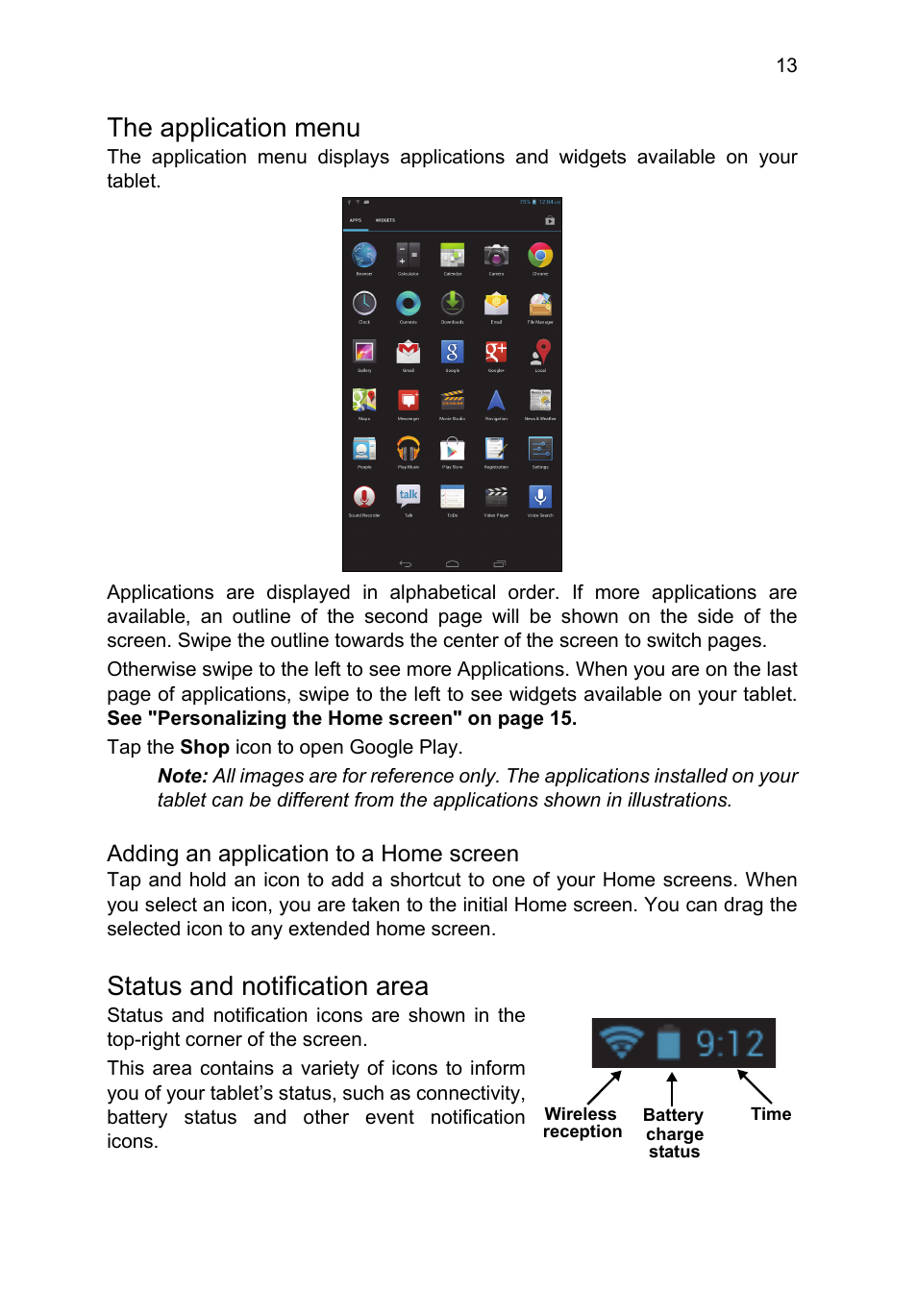 The application menu, Status and notification area, Adding an application to a home screen | Acer B1-A71 User Manual | Page 13 / 51