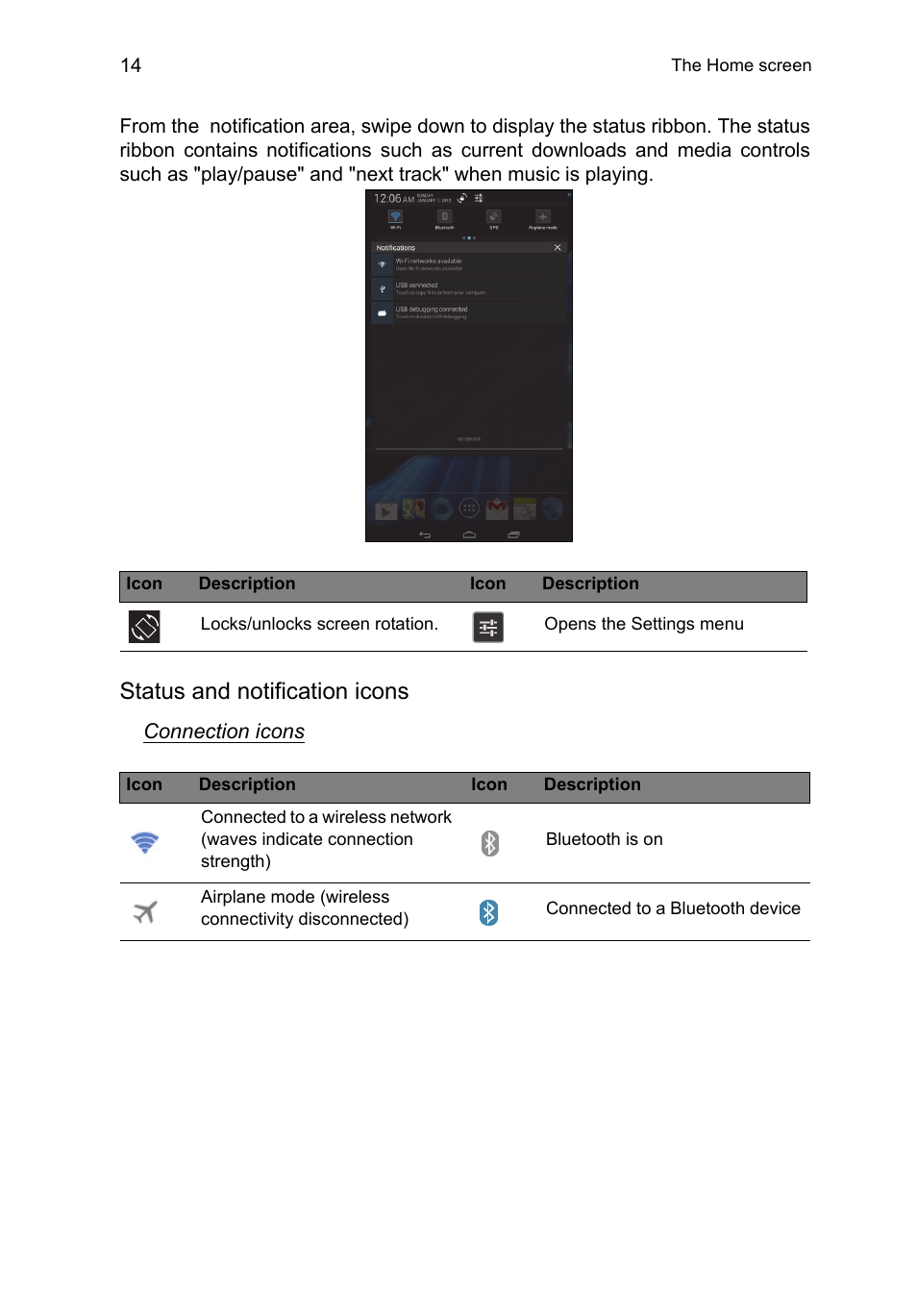 Status and notification icons | Acer B1-A71 User Manual | Page 14 / 51